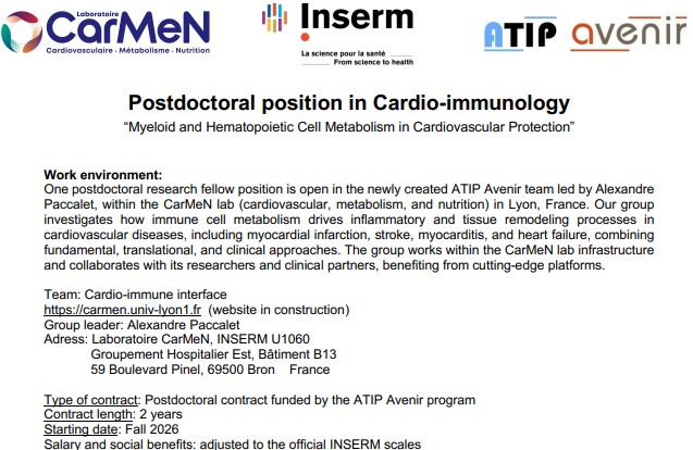 Photo offre Offre post-doctorat en cardio-immunologie