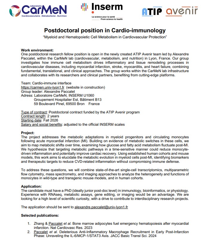 Photo offre Postdoctoral position in Cardio-immunology